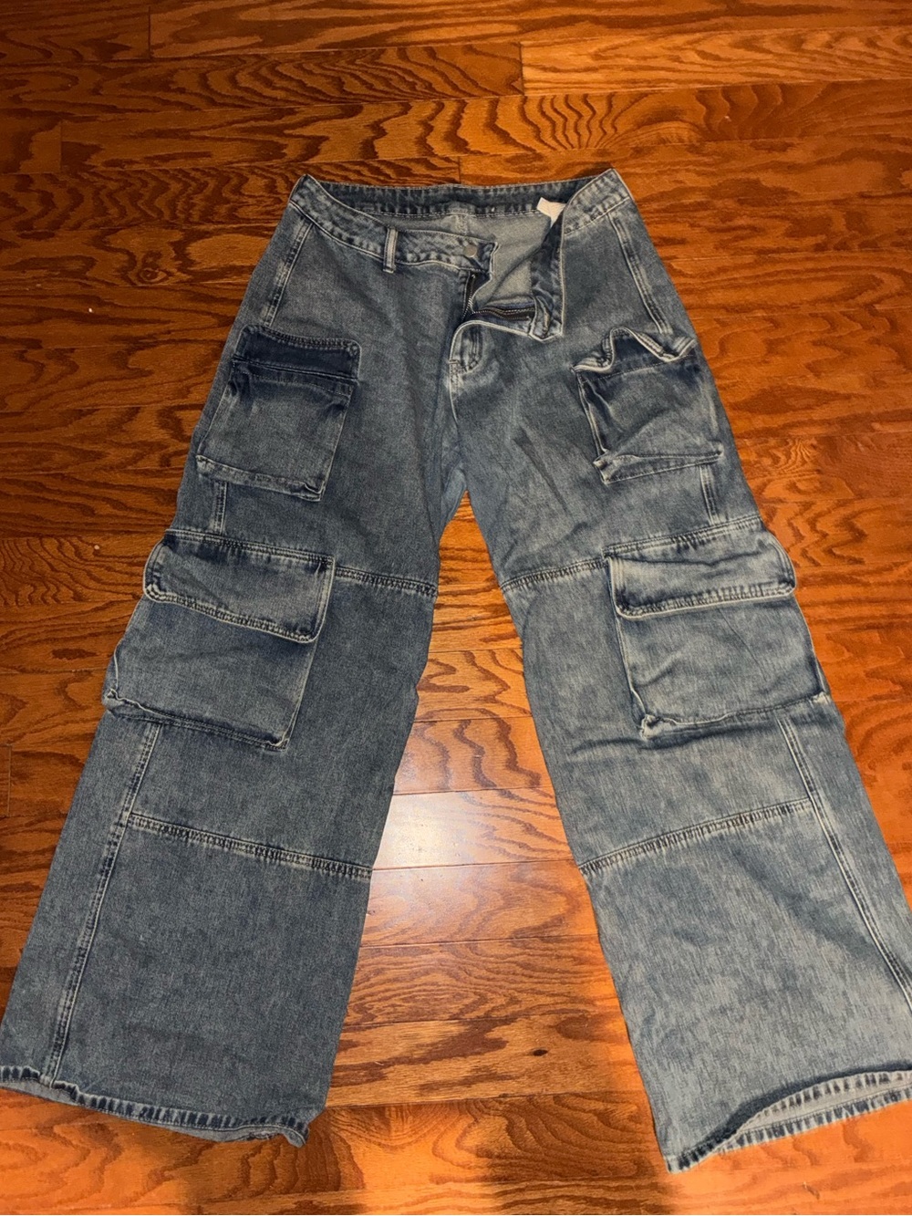 Acid Wash Baggy Cargo Jeans Wide Leg Utility Denim Sz32